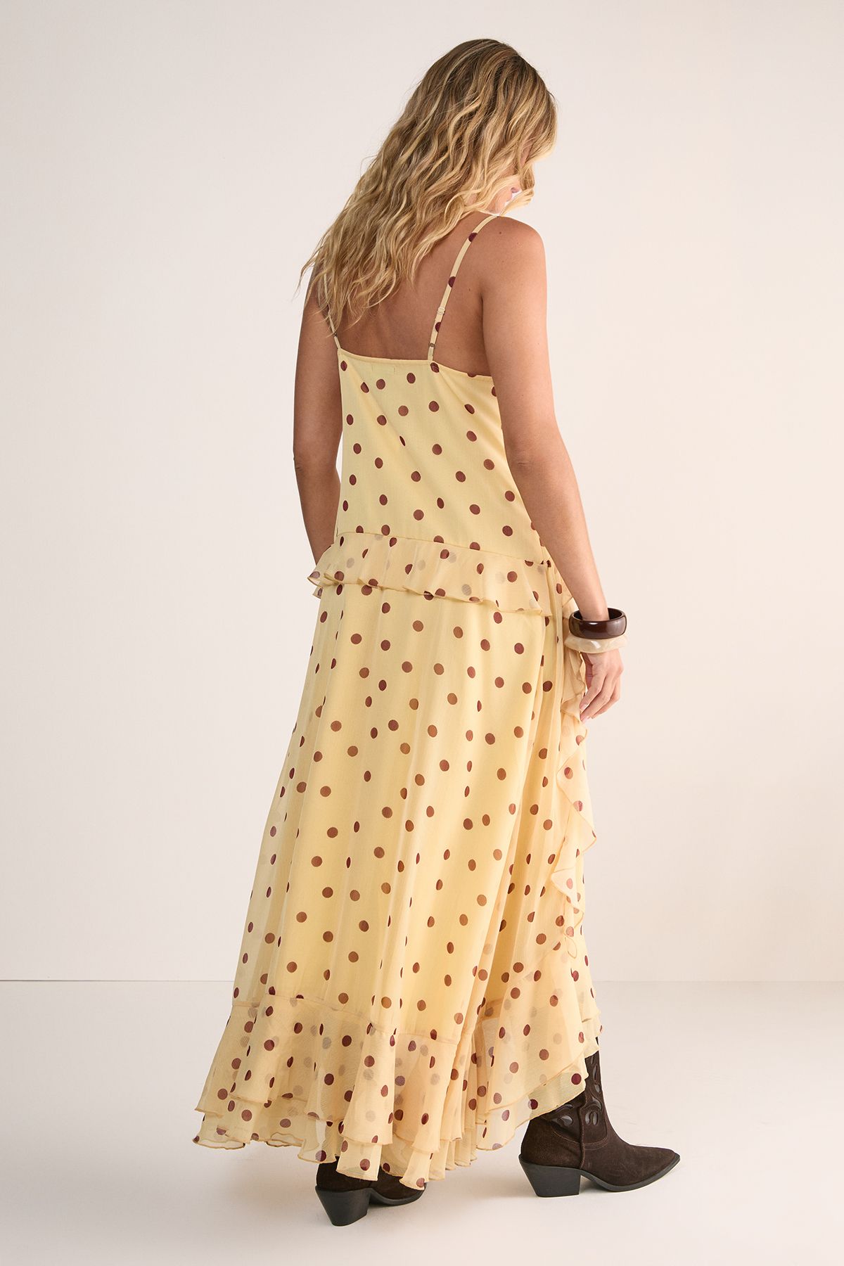 NastyGal Polka Dot Ruffle Tie Front Maxi Dress Lemon image 4