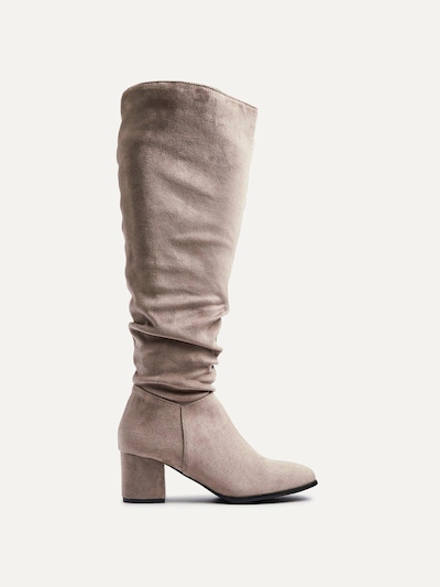 Linzi Margot Mocha Faux Suede Knee High Block Heeled Ruched Boot