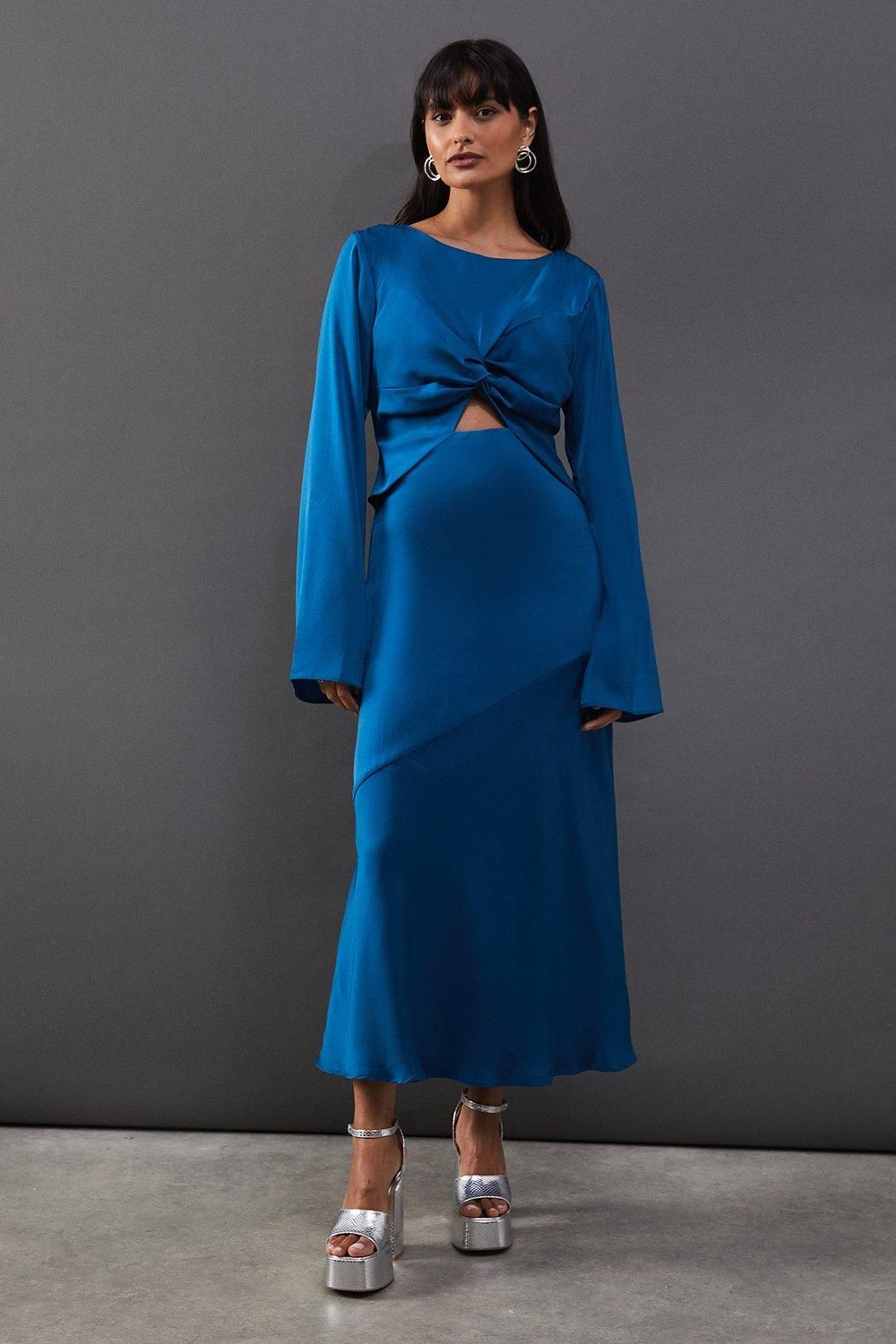 Warehouse Satin Twist Front Bias Midi Dress Blue image 1