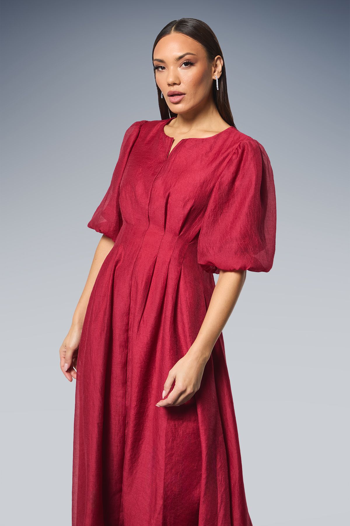 Principles Wine Pleat Waist Organza Midi Dress Wine image 2