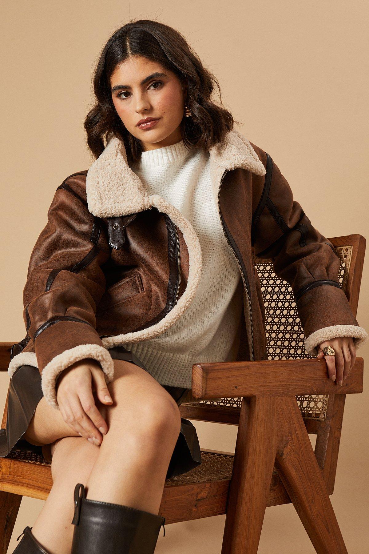Oasis Faux Suede Borg Detail Aviator Jacket Chocolate image 4