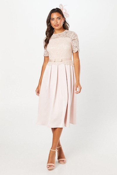Coast Lace And Crepe Full Skirted Midi Dress Oyster