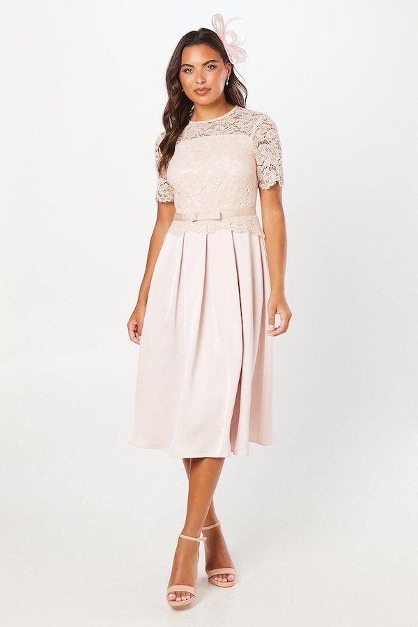 Coast Lace And Crepe Full Skirted Midi Dress Oyster