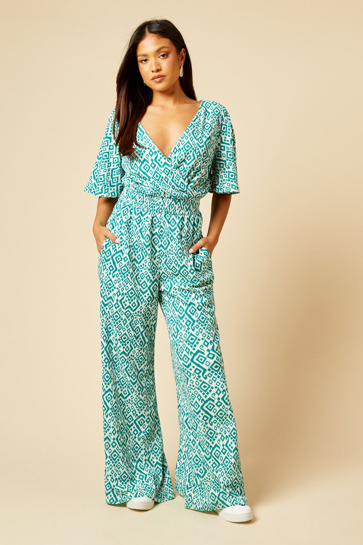 Dorothy Perkins Petite Wrap Front Angel Sleeve Jersey Jumpsuit Green