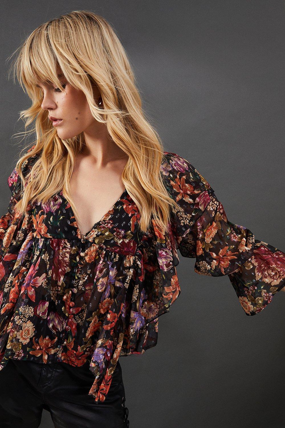 Warehouse Metallic Dobby Button Front Ruffle Detail Blouse image 4