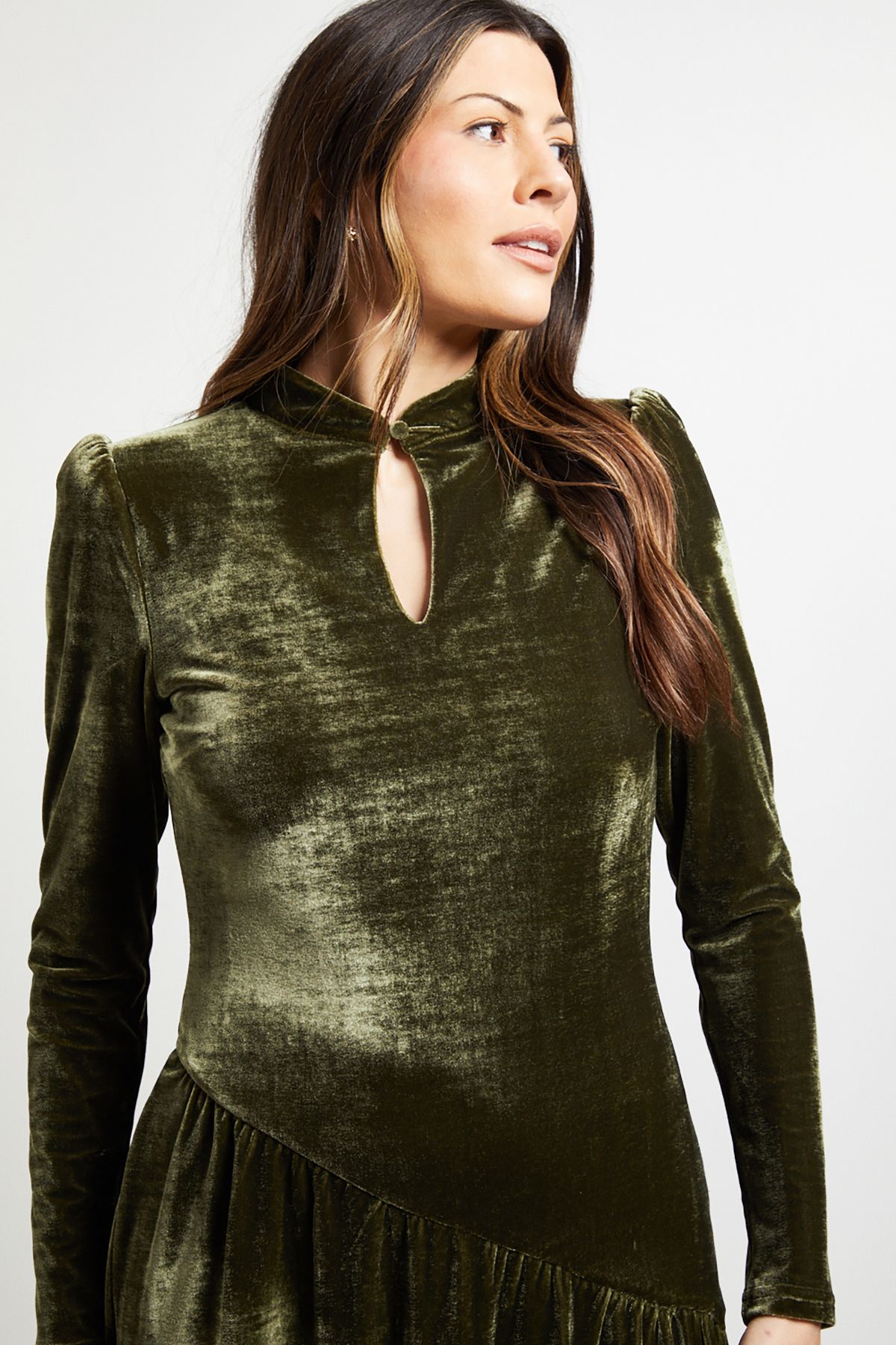 Principles High Neck Twist Keyhole Detail Velvet Midaxi Dress Olive image 4