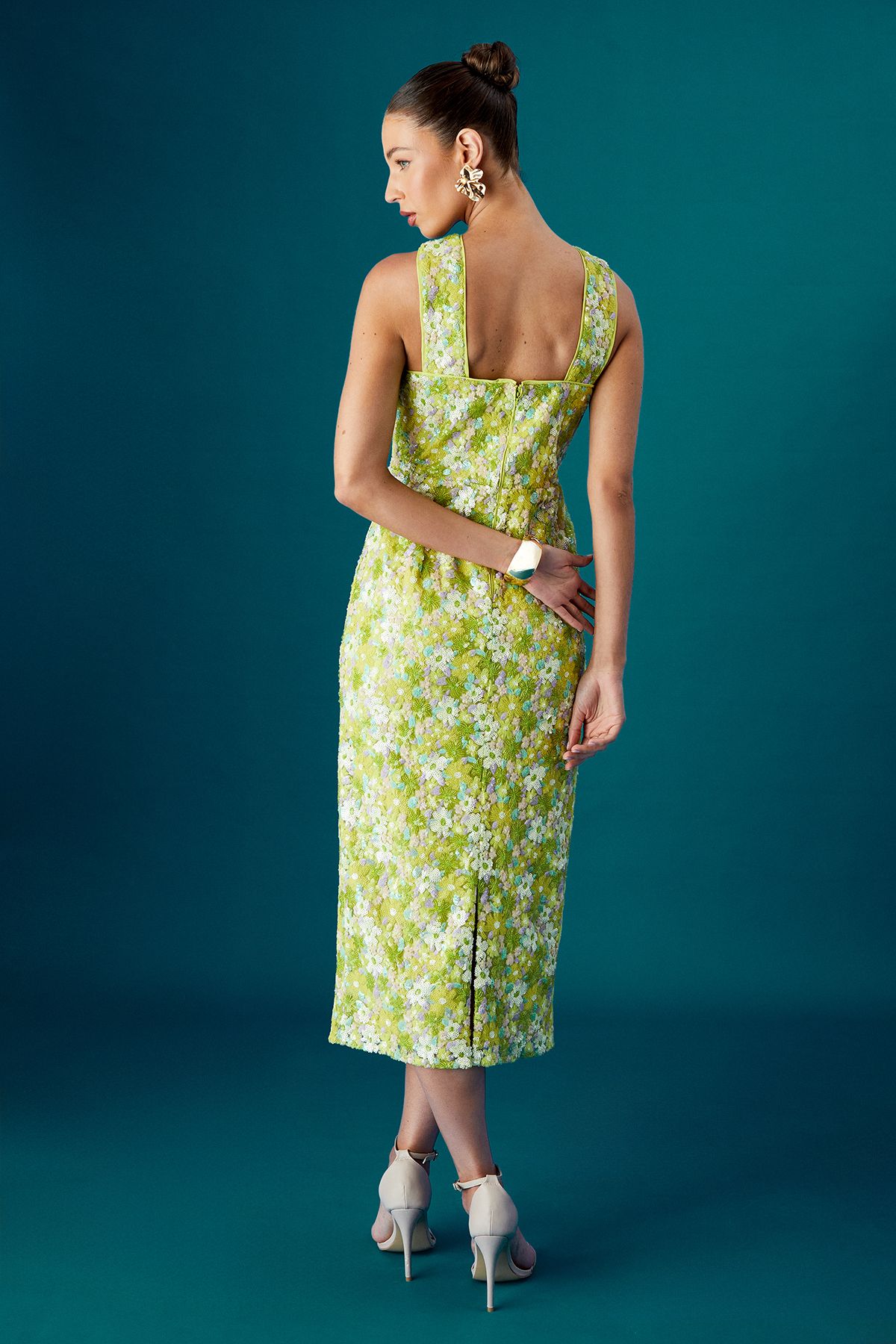 Coast Coast Muse Cross Neck Sequin Floral Midi Dress Green image 3