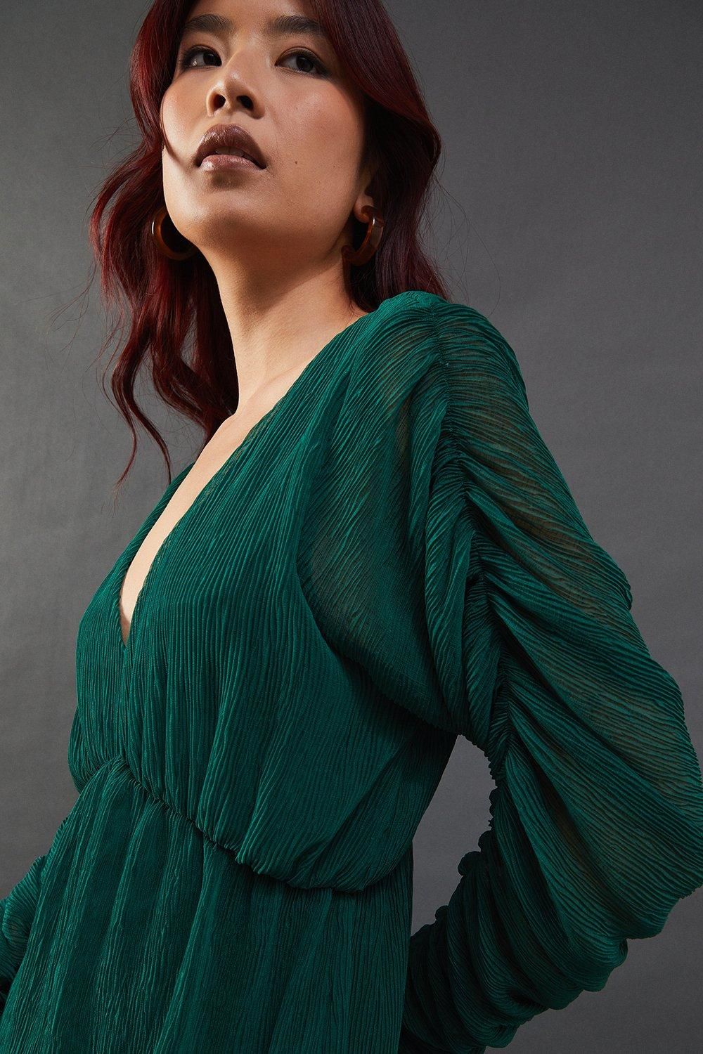 Warehouse Micro Pleat Batwing Midi Dress Green image 2
