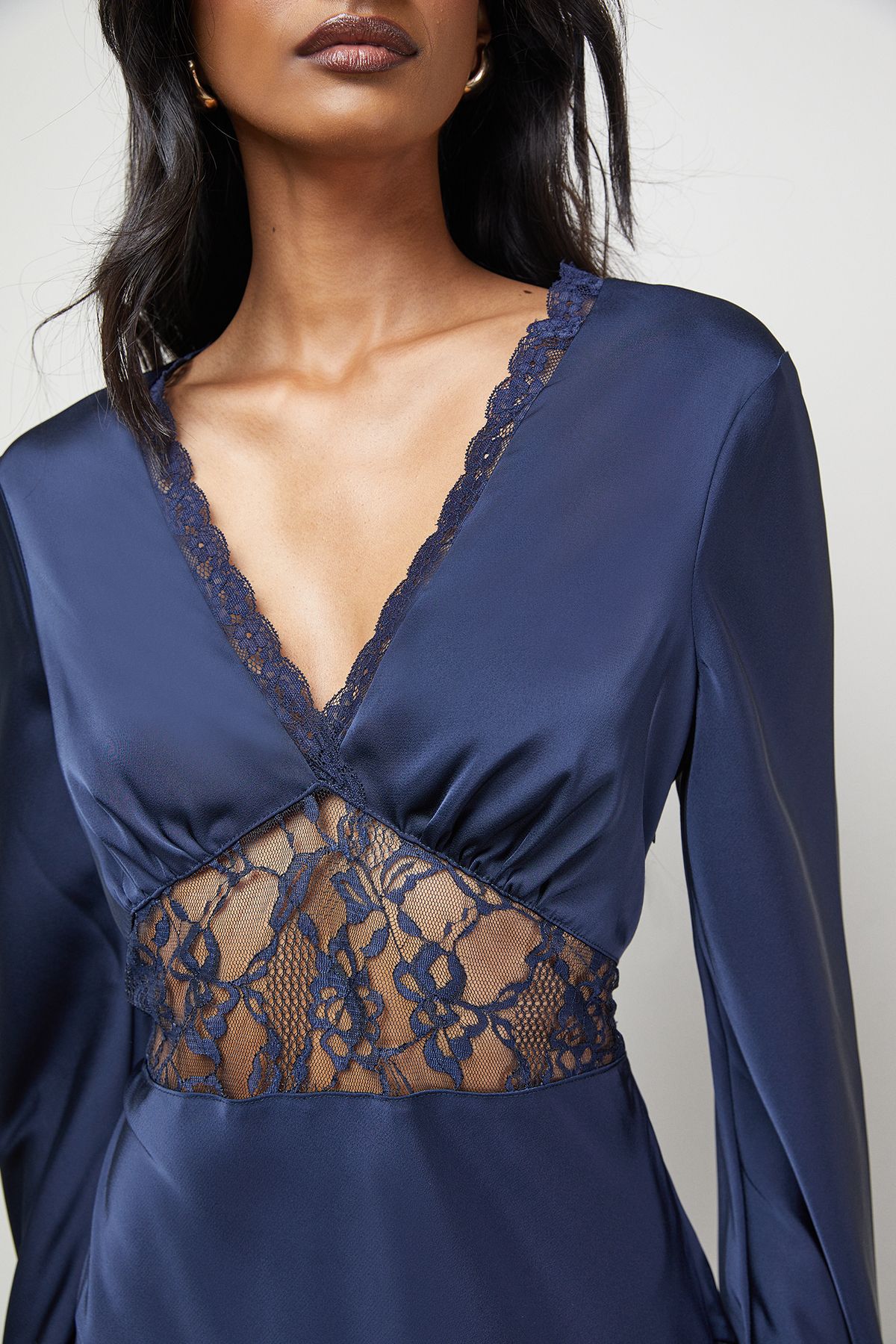 Warehouse Satin Lace Insert Flute Sleeve Midi Dress Navy image 5