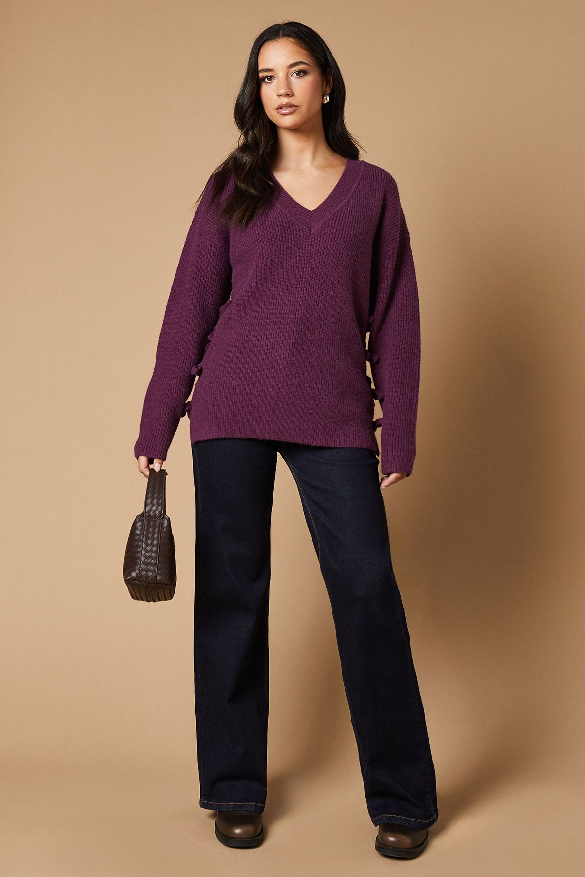Oasis Bow Side V Neck Jumper Aubergine image 4
