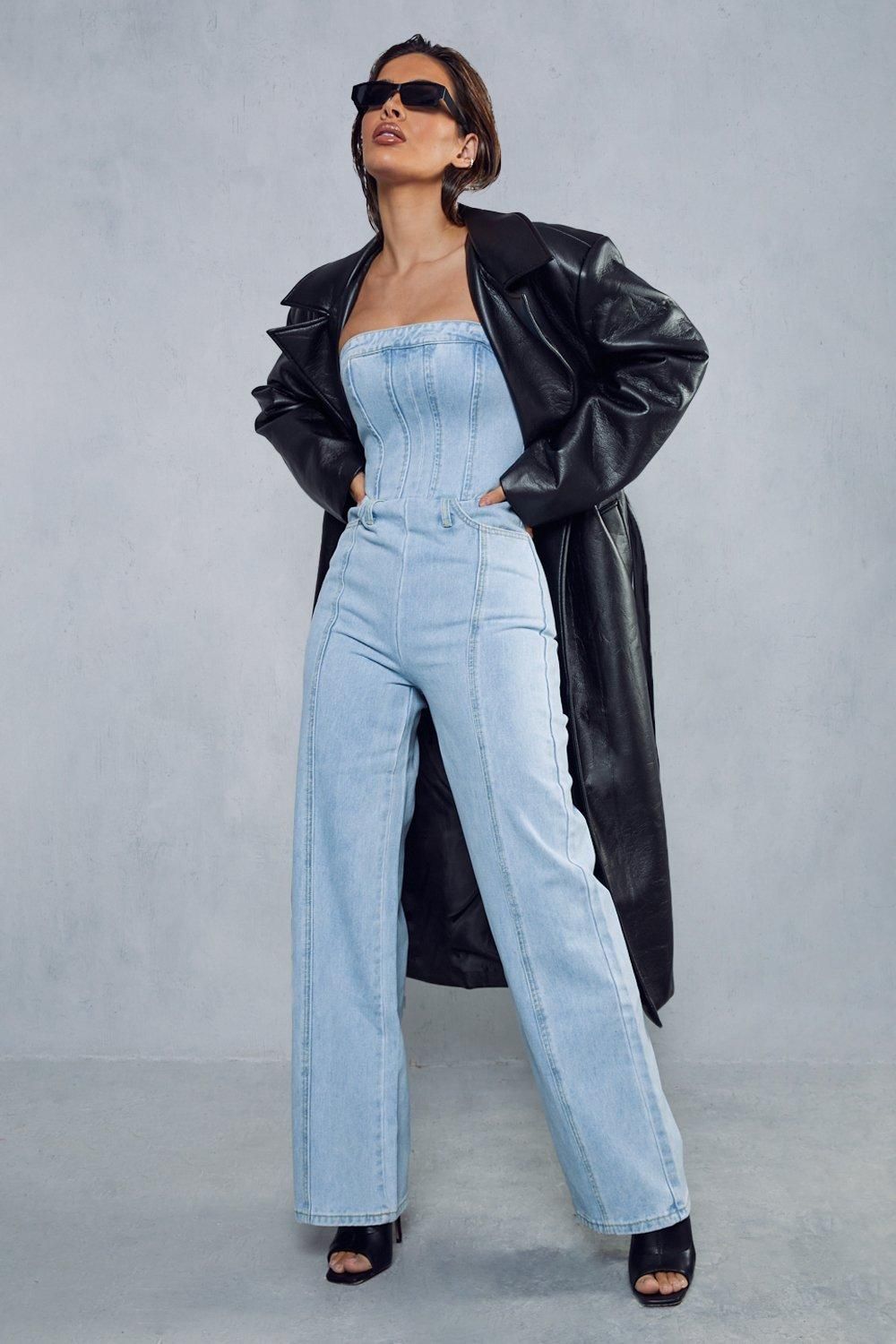 MissPap Bandeau Denim Wide Leg Jumpsuit Mid Wash image 1