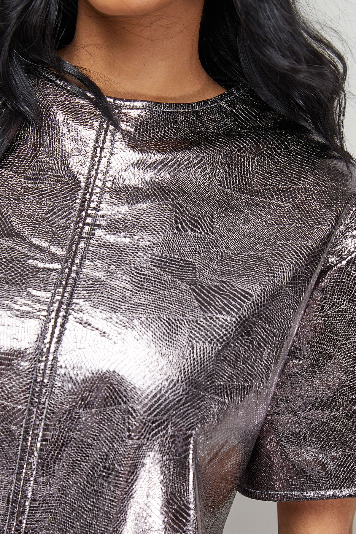 Warehouse Metallic Faux Reptile Leather Tshirt Mini Dress Chocolate image 5
