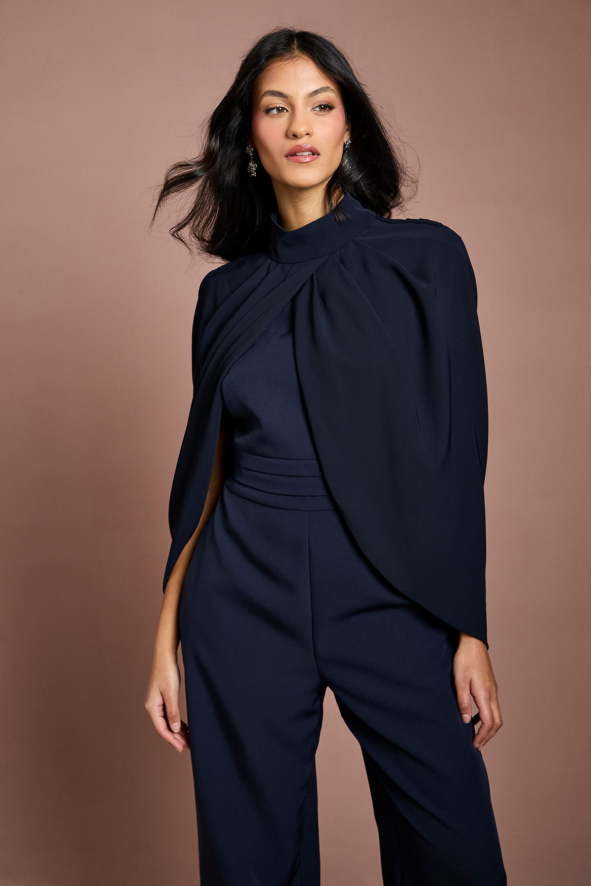 Coast Petite High Neck Cape Sleeve Wide Leg Jumpsuit Navy image 2