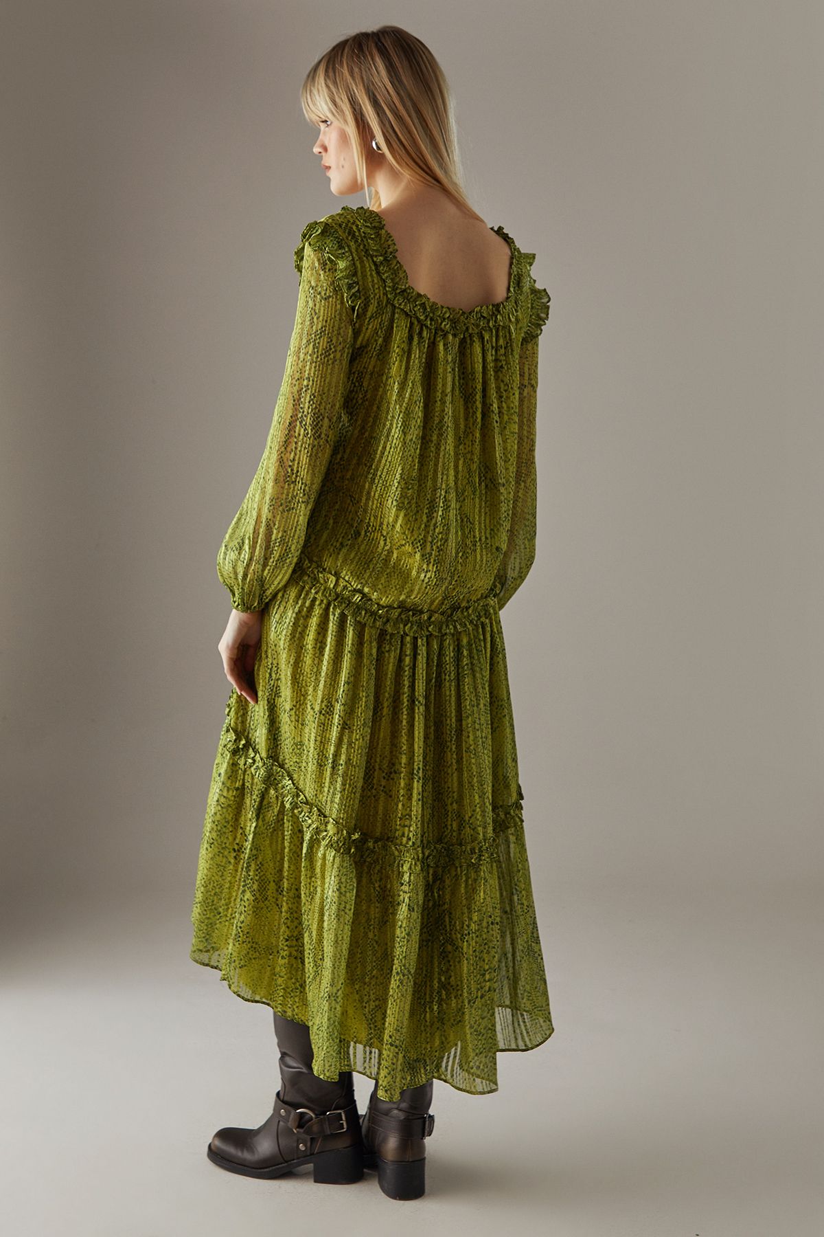 Warehouse Snake Shadow Stripe Ruffle Square Neck Smock Midi Dress Gold image 3