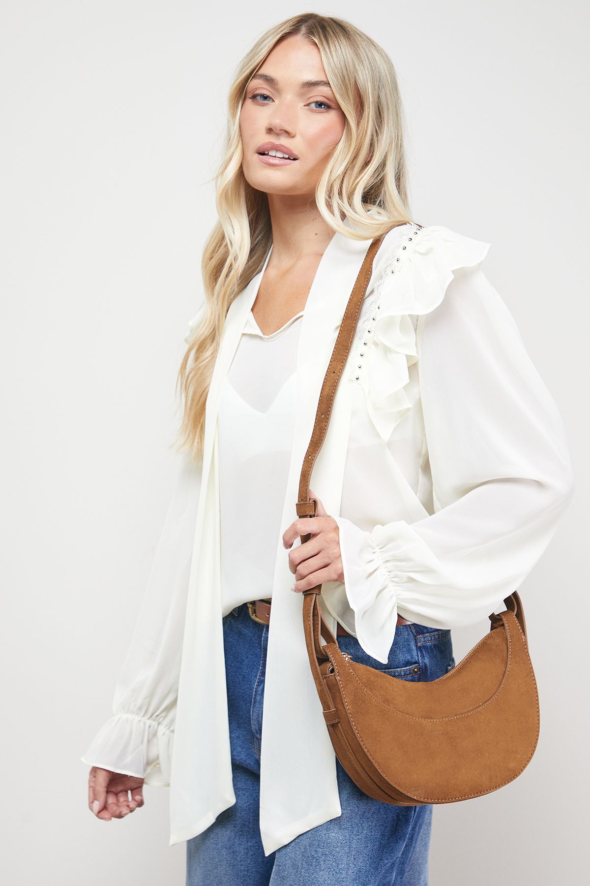 Oasis Relly Faux Suede Half Moon Crossbody Bag Tan