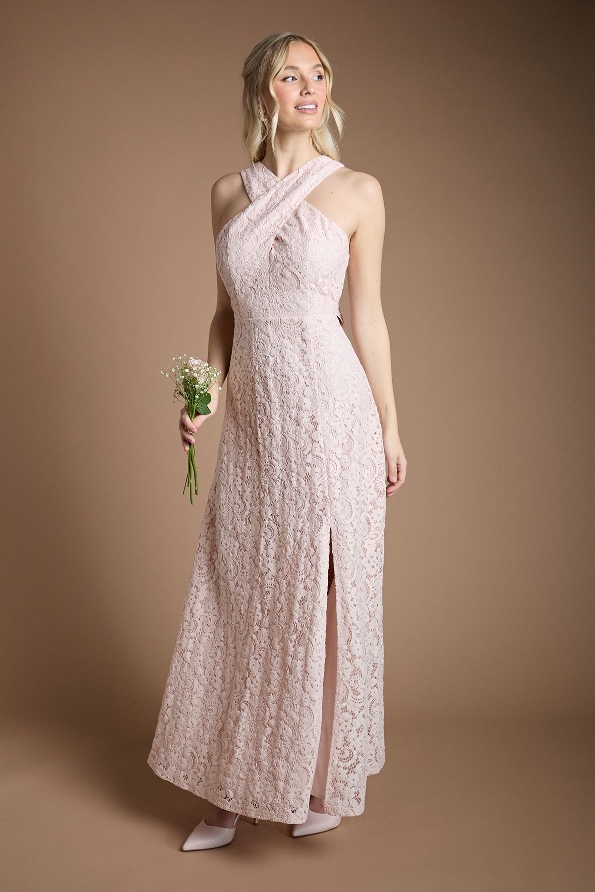 Coast Lace Cross Neck Bridesmaid Maxi Dress Blush image 1