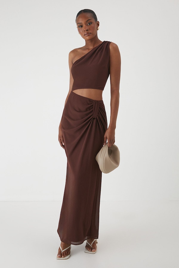 MissPap Asymmetric Shoulder Cut Out Ruched Maxi Dress Chocolate