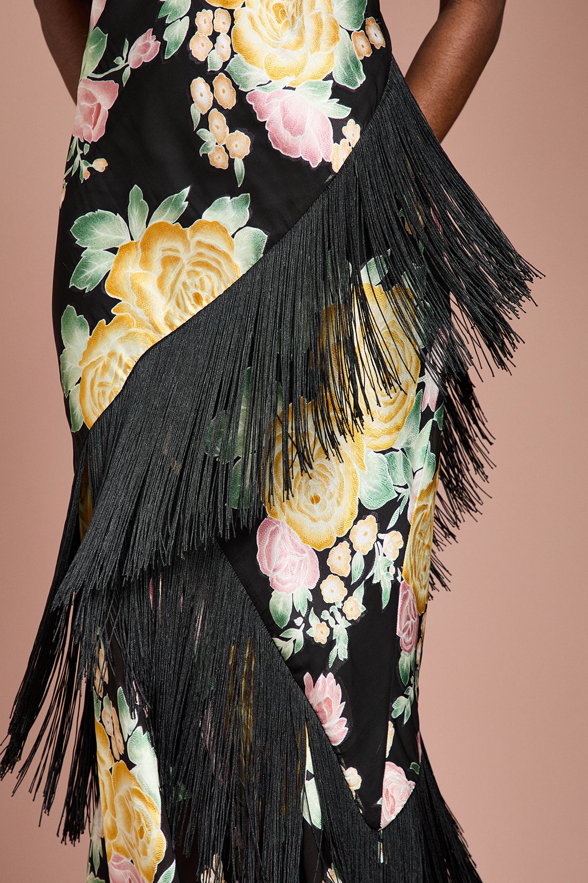 Coast Strappy Satin Jacquard Fringe Detail Maxi Dress Black image 4