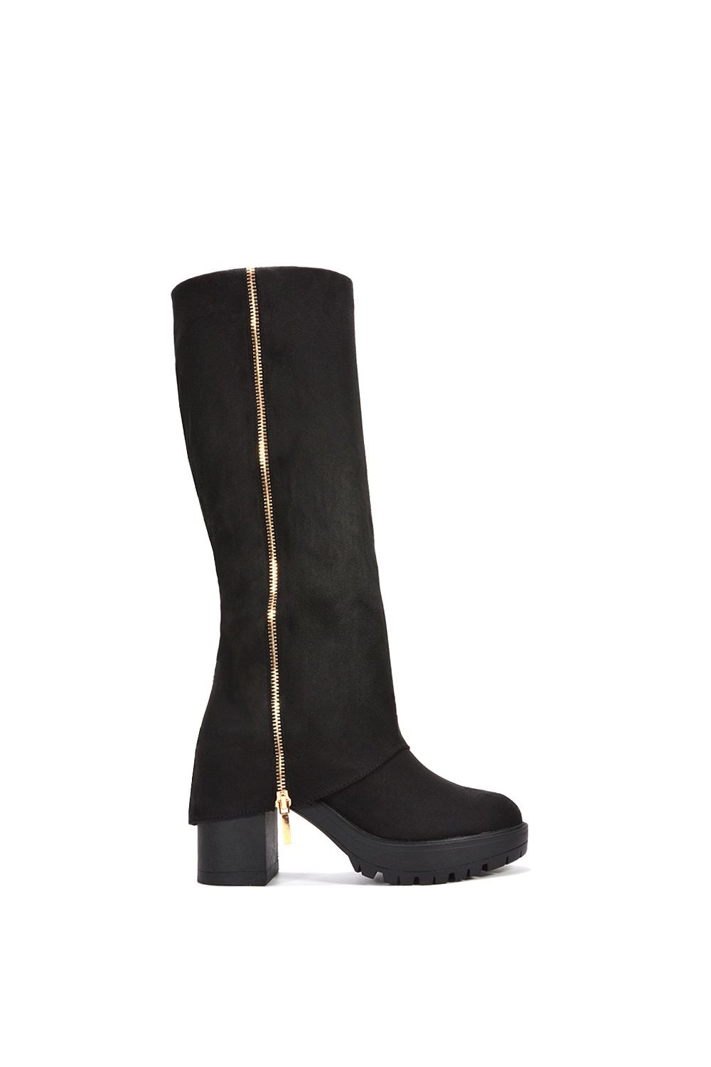 XY London 'Juliana' Fold Over Block Chunky Platform Black Knee High Boots