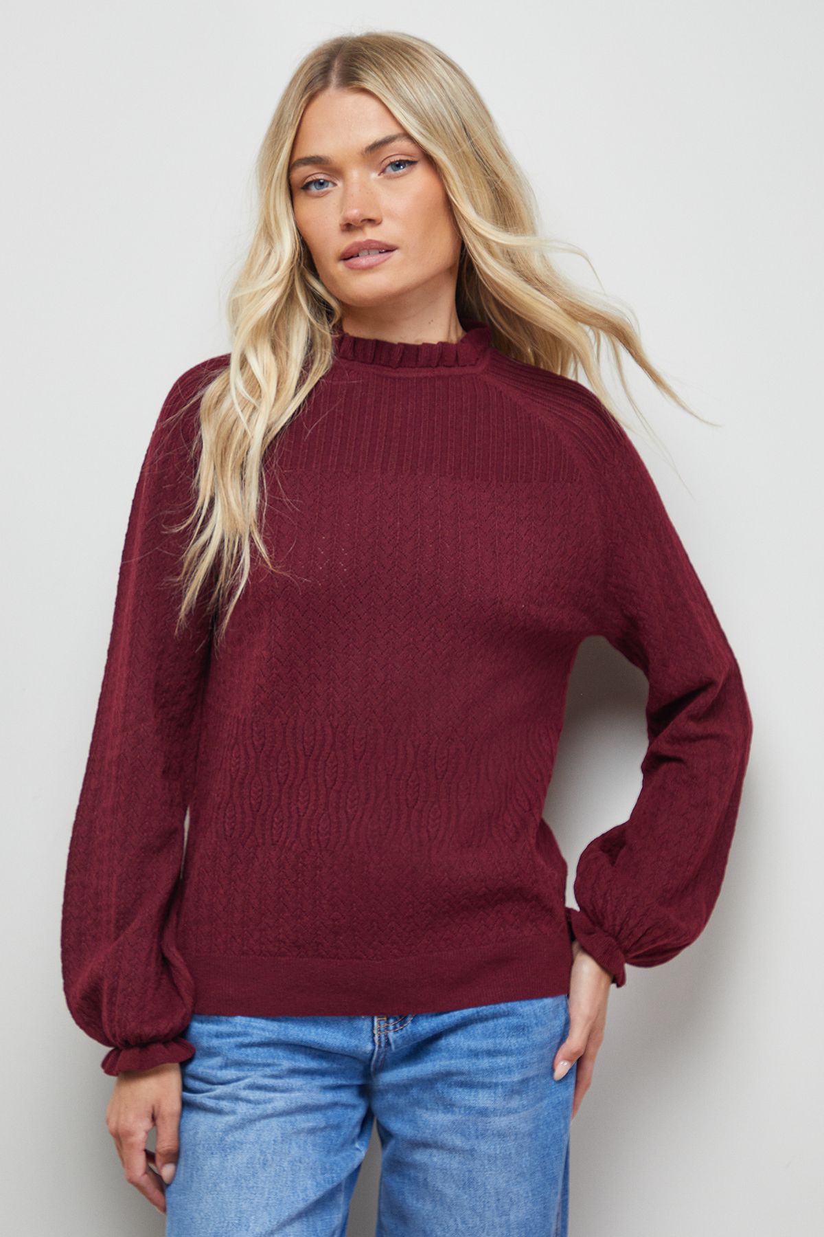 Oasis Ruffle Cuff and Collar Jumper Burgundy image 1
