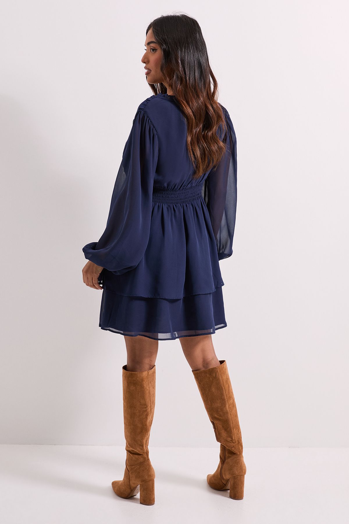 Dorothy Perkins Petite Tie Neck Tiered Skirt Mini Dress Navy image 3