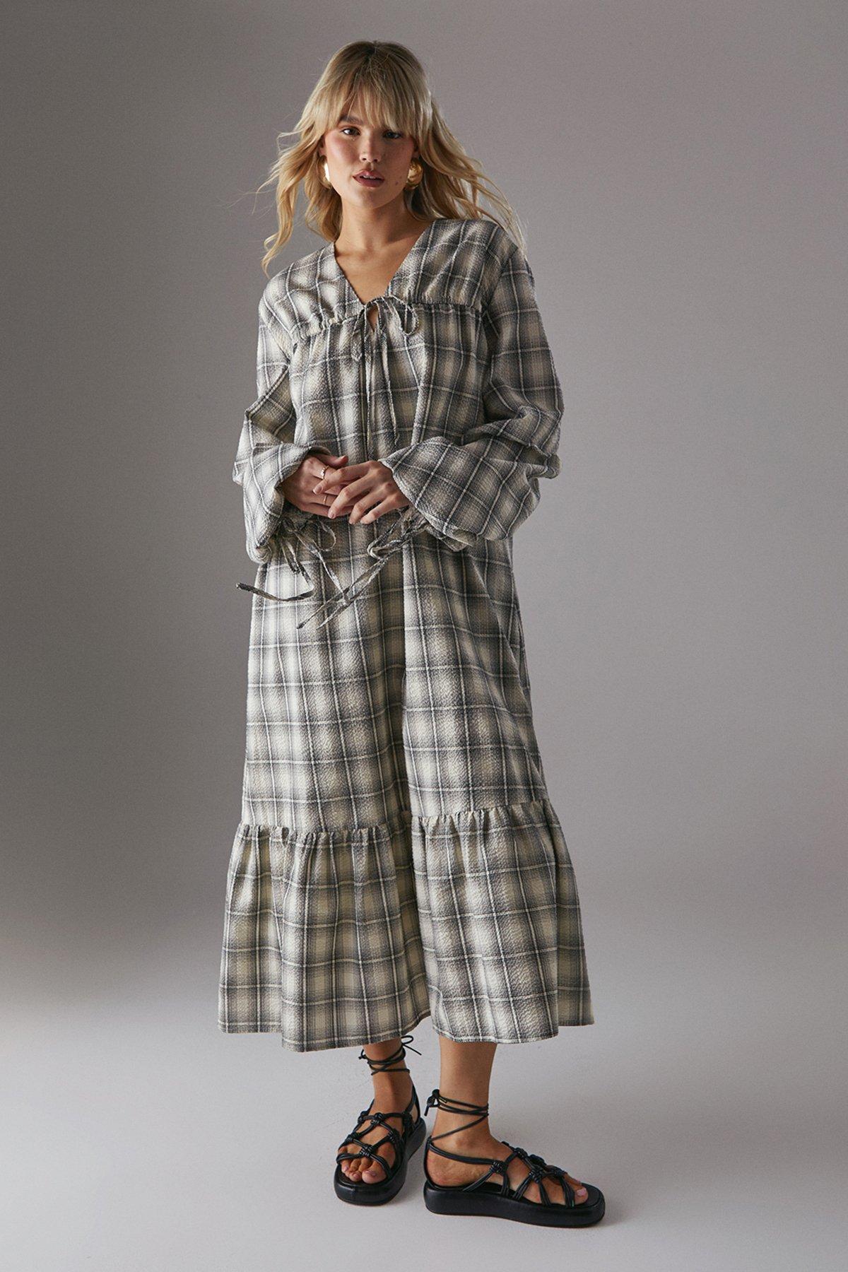 Warehouse Gathered Channel Detail Check Midi Smock Dress Ivory