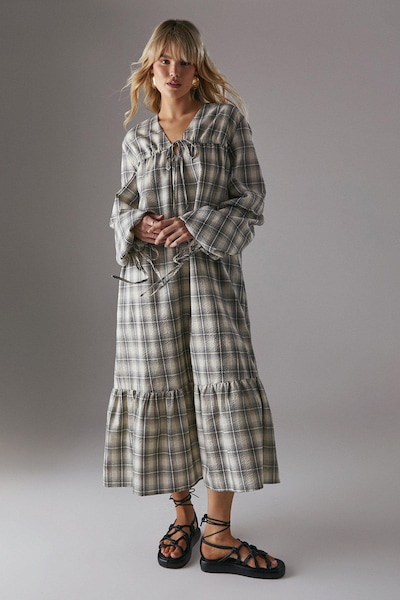 Warehouse Gathered Channel Detail Check Midi Smock Dress Ivory