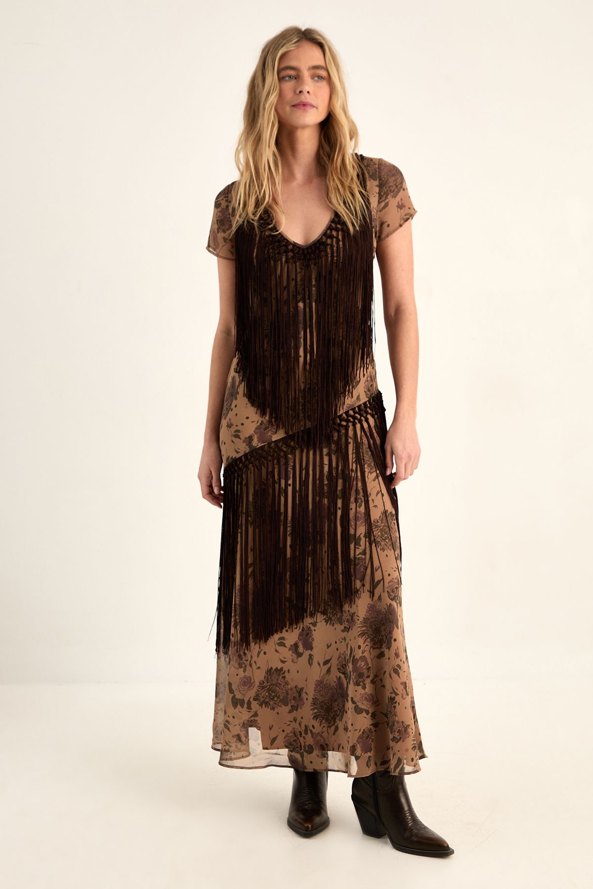 NastyGal Floral Chiffon Fringe Maxi Dress Beige