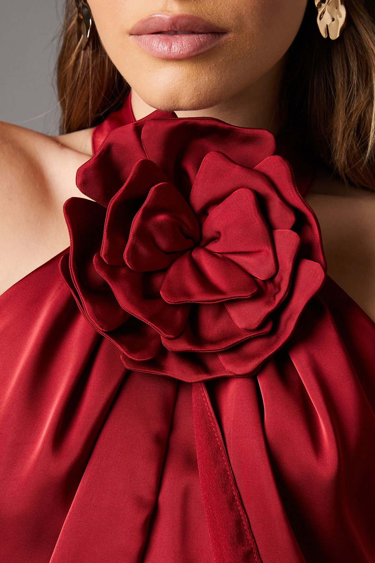 Coast Halterneck Satin Maxi Dress With Flower Red image 5