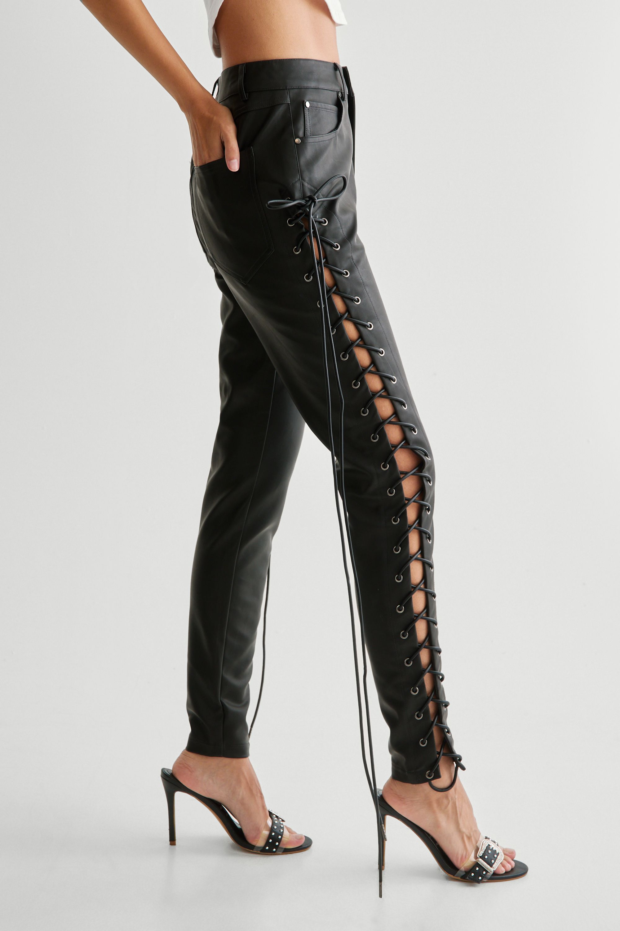 NastyGal Eyelet Detail Faux Leather Trousers Black image 2