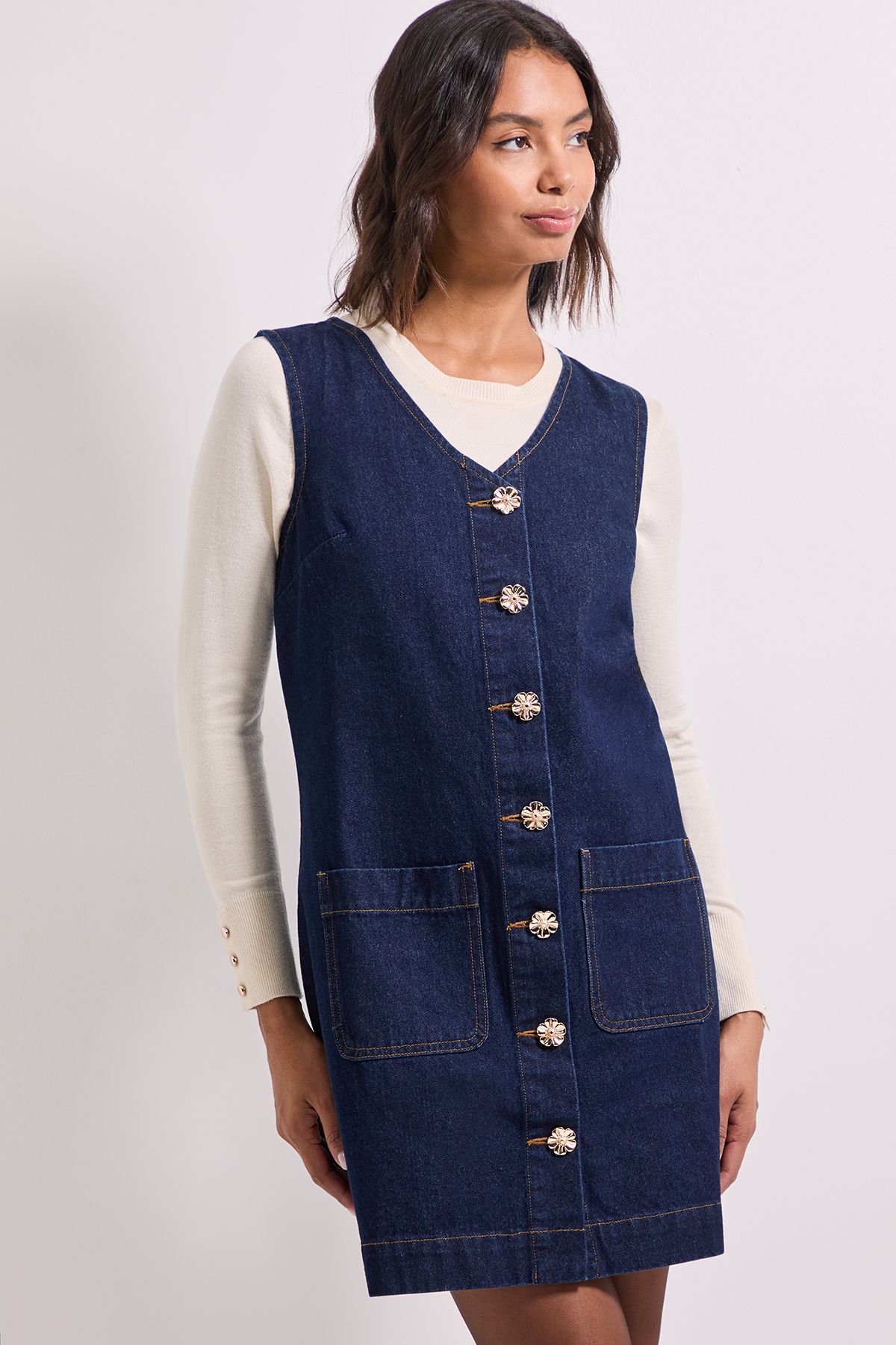 Dorothy Perkins V Neck Button Through Denim Mini Dress Indigo image 4