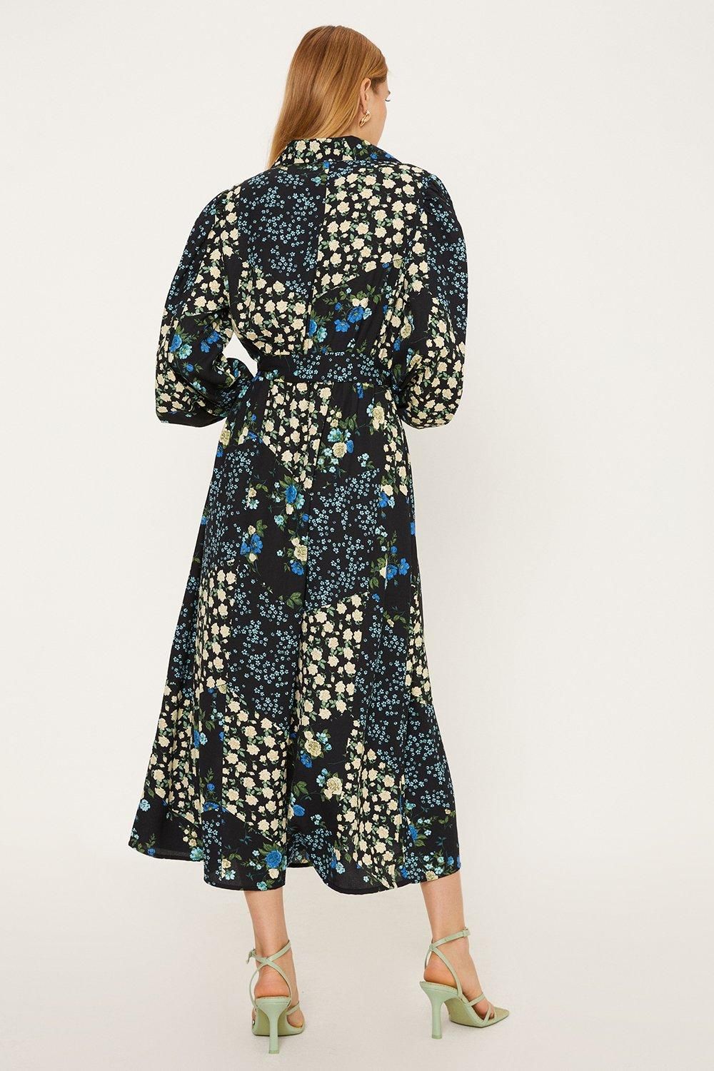 Oasis Blue Floral Tie Midi Shirt Dress Black image 3
