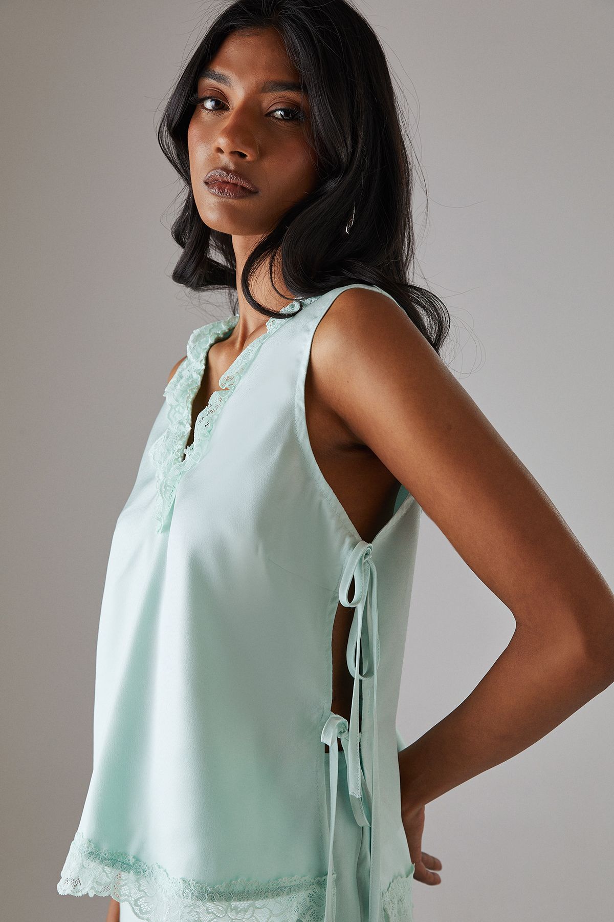 Warehouse Satin Lace Insert Tie Side Cami Top Pale Blue image 2