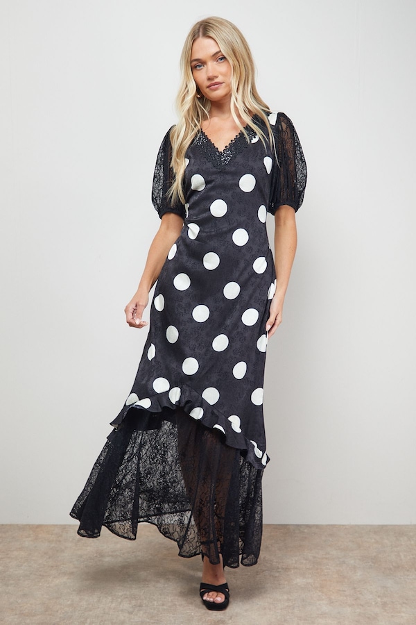 Oasis Polkadot Lace Frill Detail Puff Sleeve Midi Dress Black