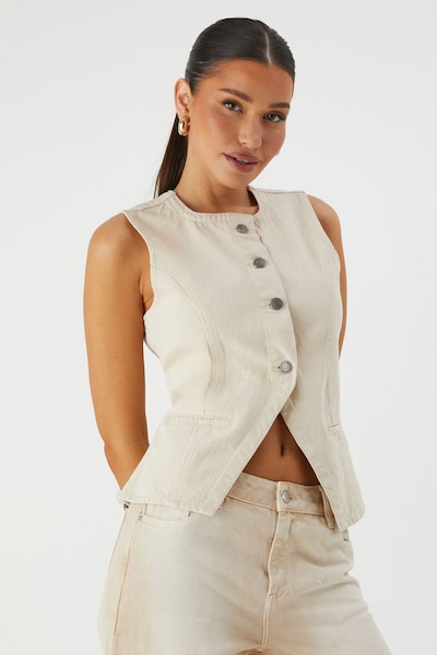 MissPap Button Down Longline Denim Waistcoat Ecru