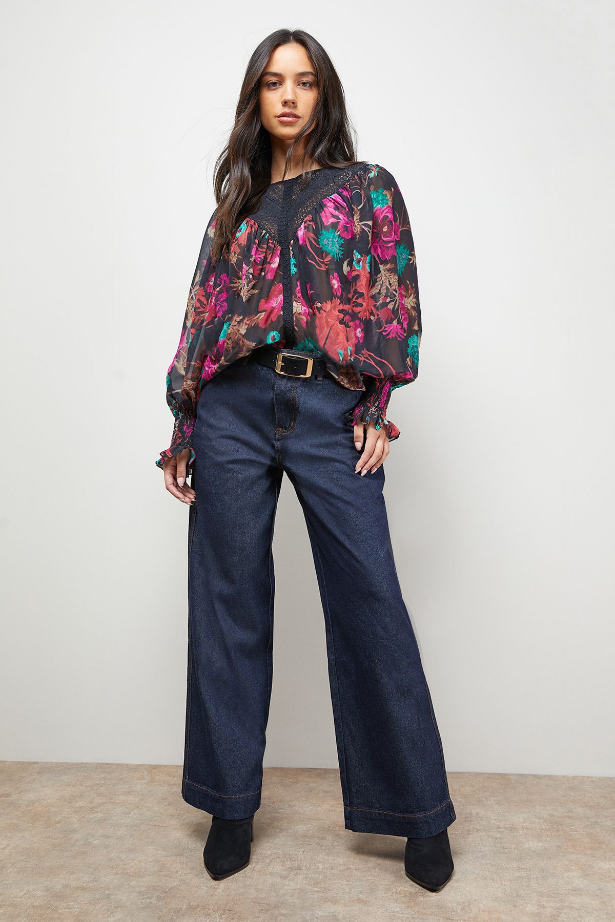 Oasis Printed Lace Yoke Balloon Sleeve Boho Blouse Black image 6