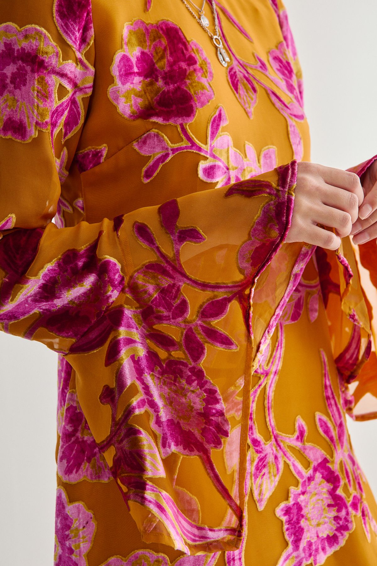 NastyGal Floral Devore Fluted Sleeve Tunic Mini Dress Mustard image 3