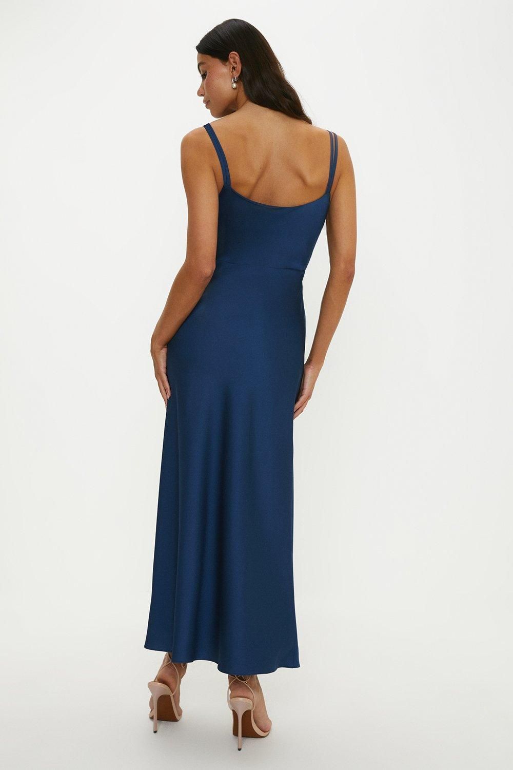 Oasis Satin Cowl Double Strap Midi Bridesmaids Dress Navy image 3