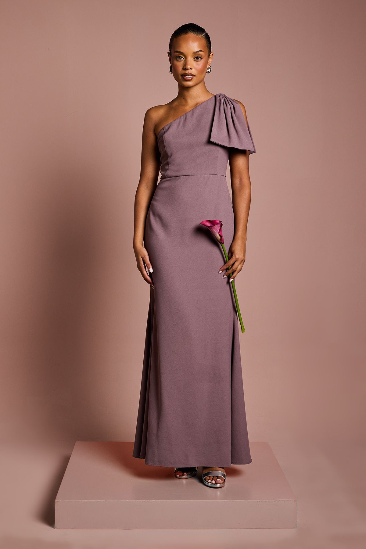 Coast Coast Honoured Petite Bow One Shoulder Maxi Bridesmaid Dress Dusty Mauve