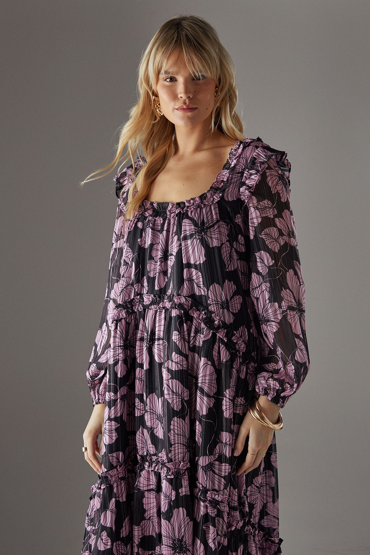 Warehouse Shadow Stripe Ruffle Square Neck Smock Midi Dress Pink image 2