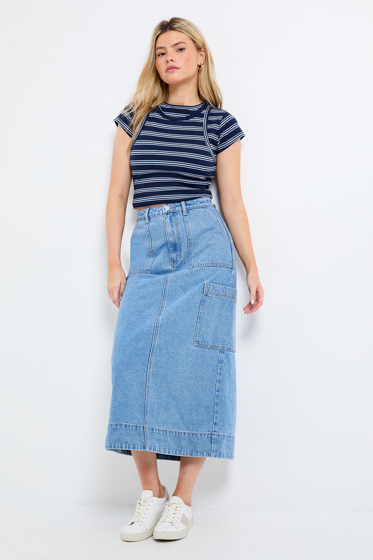 Dorothy Perkins Utility Denim Midi Skirt Mid Wash