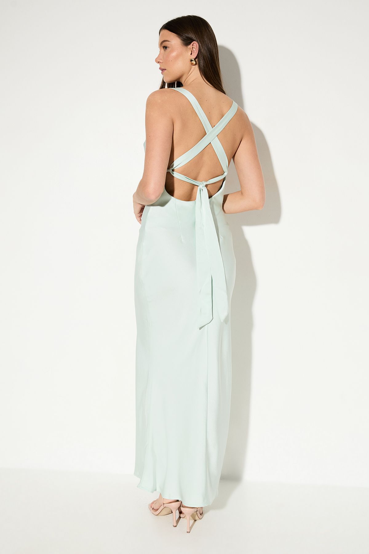 MissPap Premium Satin Cowl Neck Fishtail Maxi Bridesmaid Dress Mint image 4