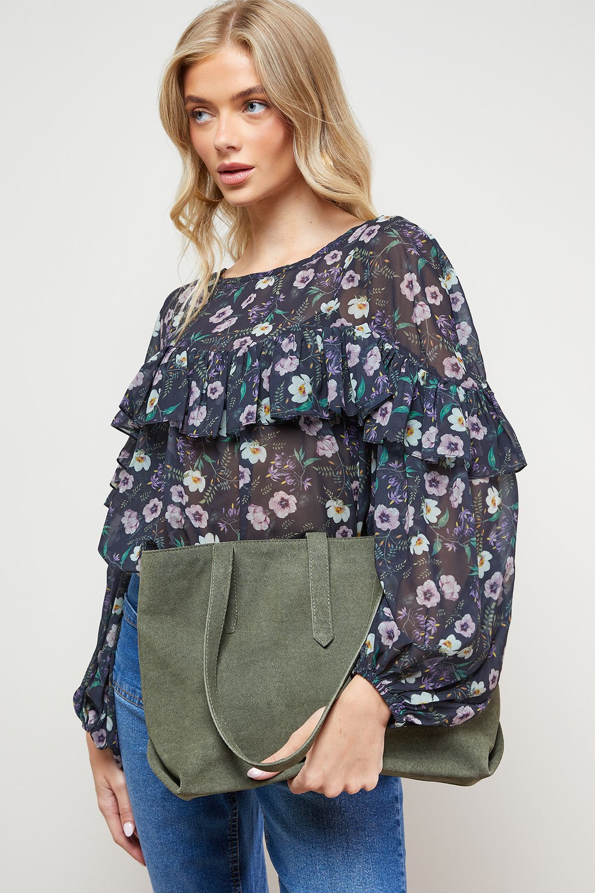 Oasis Esty Suede Tote Bag Olive