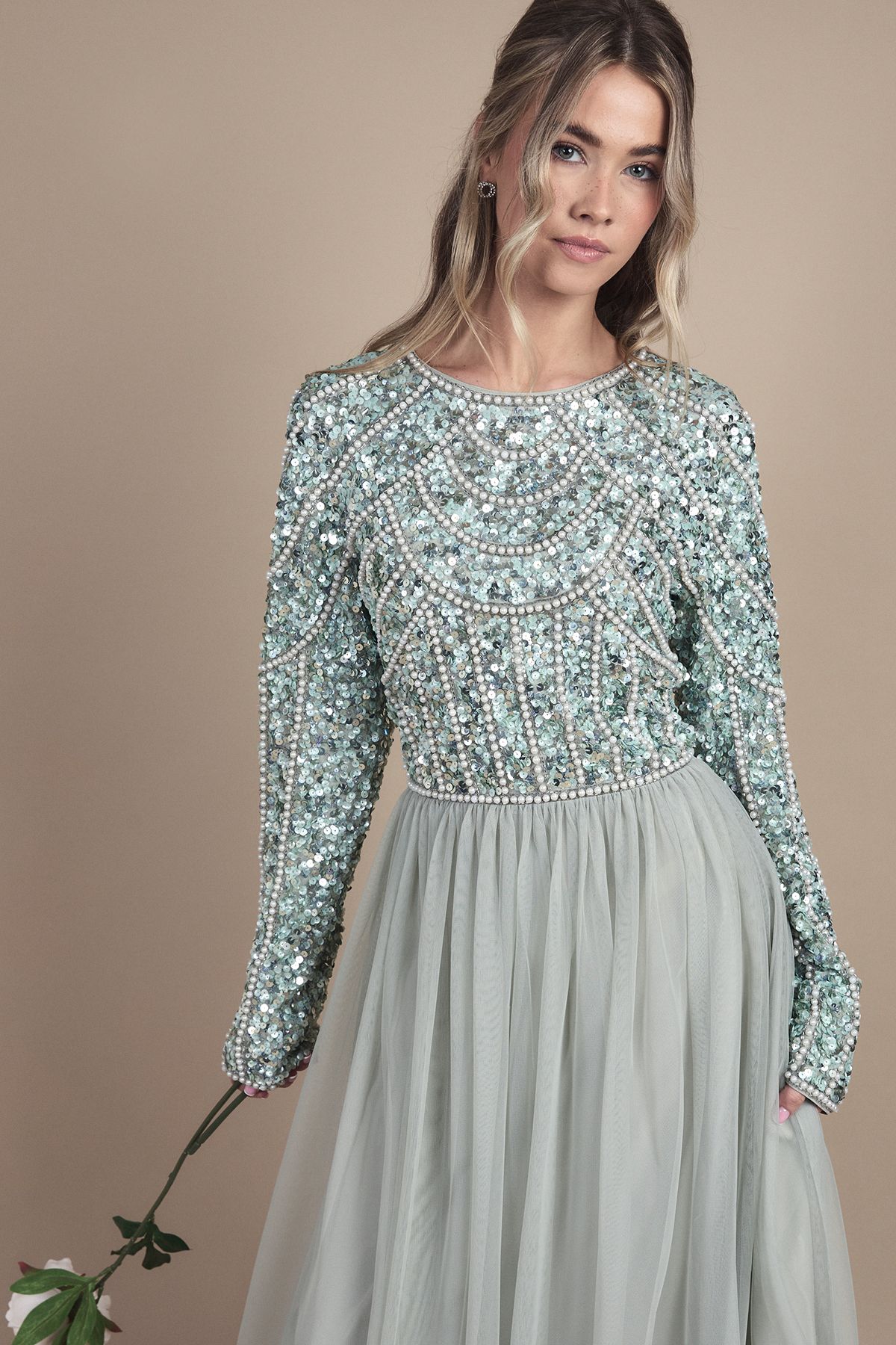 Coast Teen Pearl Embellished Bodice Bridesmaid Tulle Skirt Dress Sage image 2