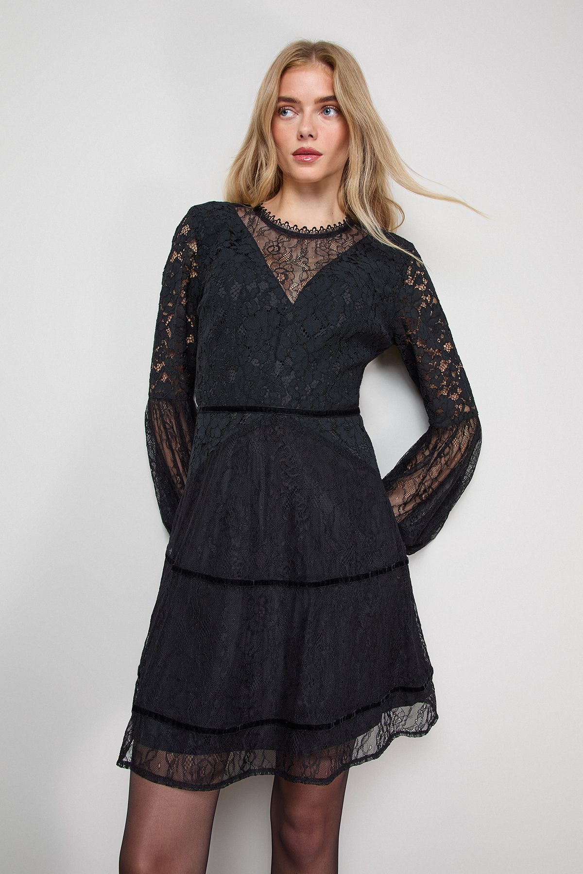 Oasis Mesh Lace Mix Balloon Sleeve Mini Skater Dress Black image 1