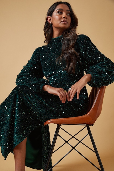 Oasis Occasion Velvet Sequin High Neck Midi Dress Green