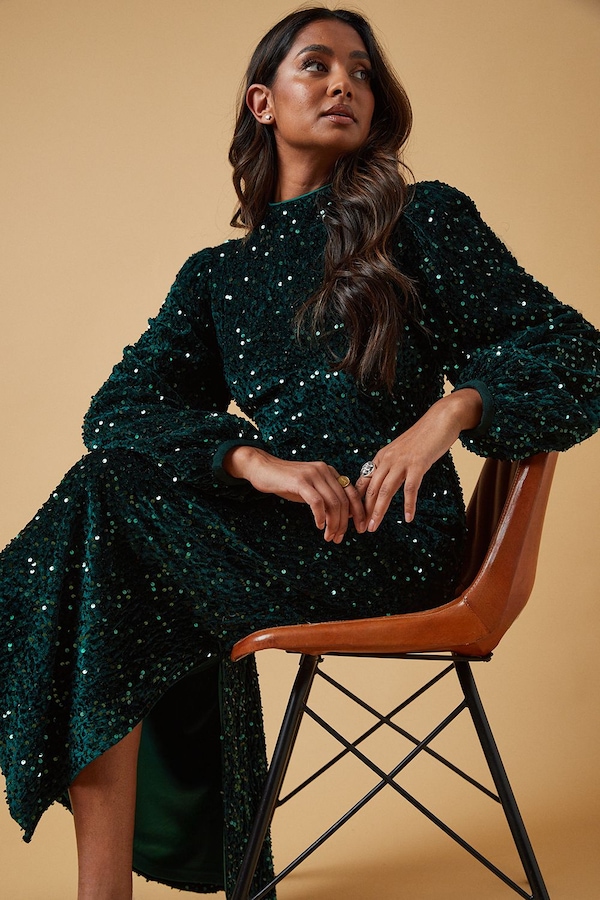 Oasis Occasion Velvet Sequin High Neck Midi Dress Green