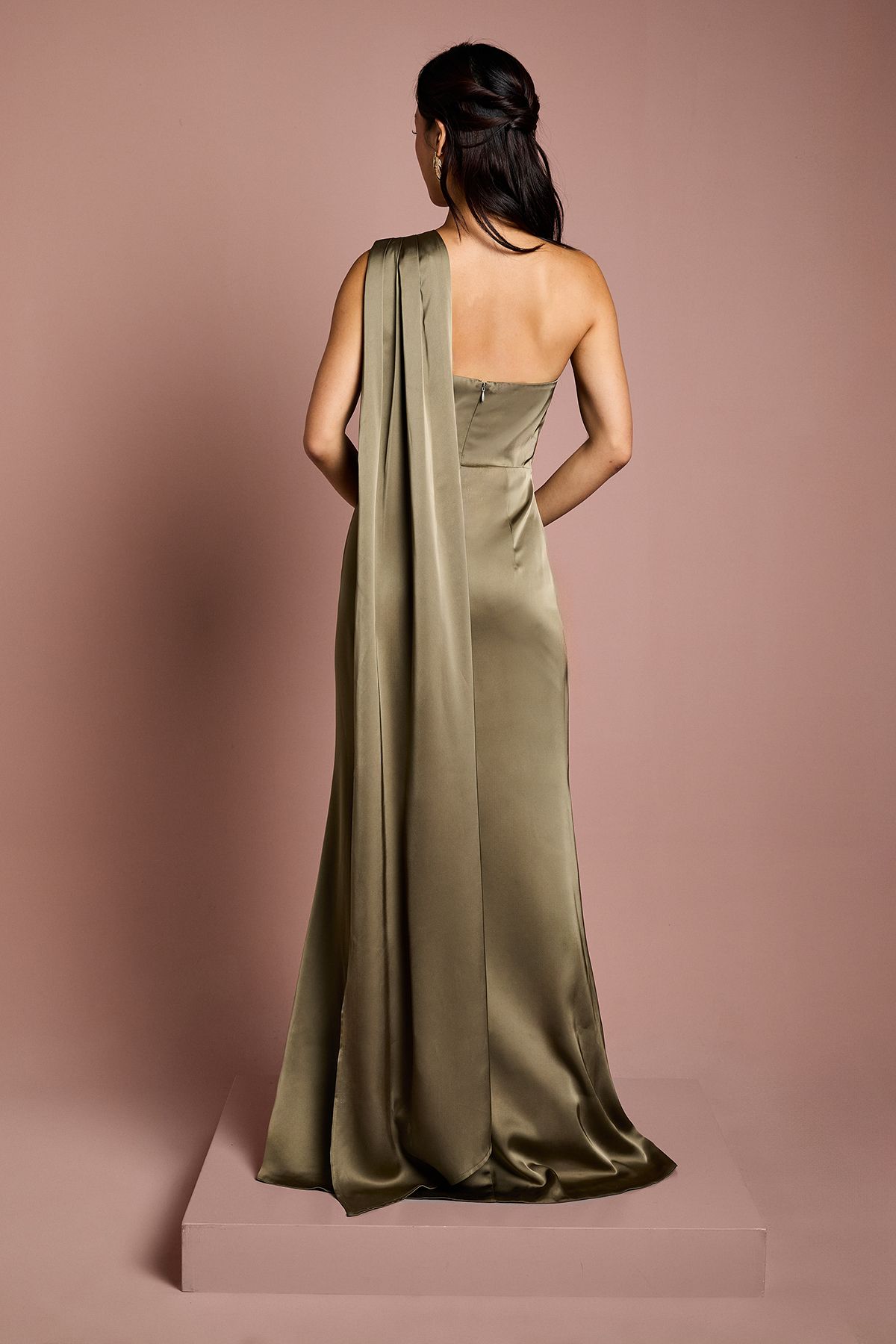 Coast Coast Honoured Drape One Shoulder Satin Maxi Bridesmaid Dress Olive image 3