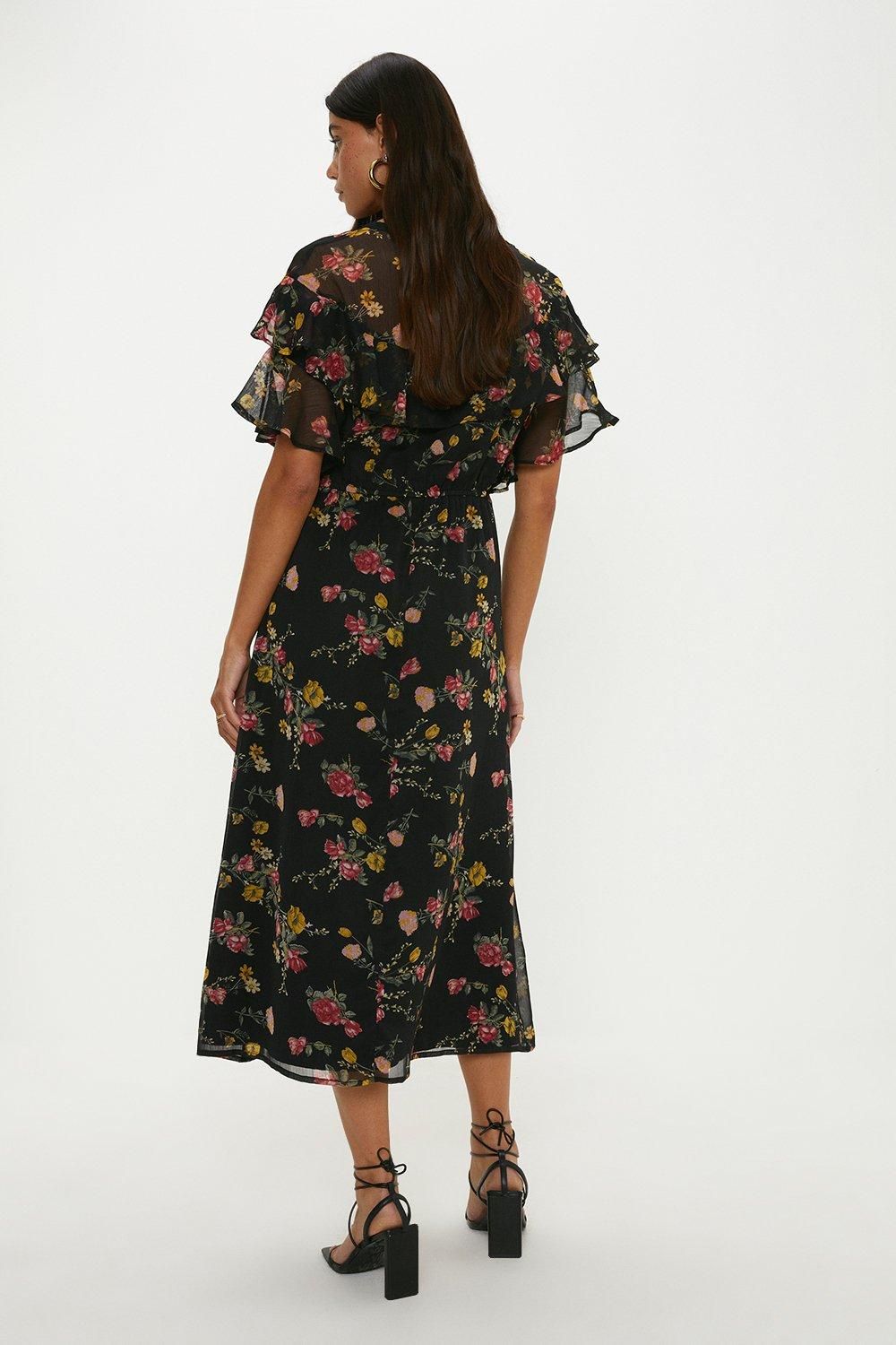 Oasis Floral Chiffon Ruffle Midi Dress Black image 3
