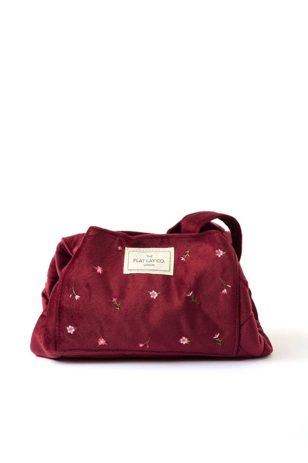 The Flat Lay Co Drawstring Makeup Bag - Ditsy Roses & Flowers Burgundy Embroidered Velvet Multi image 1